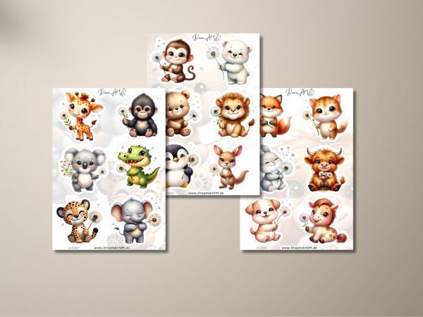 Drei Bögen mit süßen Cartoon-Tieraufklebern von DreamArt VM. Abgebildet sind verschiedene Tiere, darunter Giraffe, Gorilla, Koala, Krokodil, Pinguin, Löwe, Fuchs, Kätzchen, Häschen, Kuh, Welpe und Kalb, die alle Pusteblumen halten. Design Nr. 2087, 2088 u